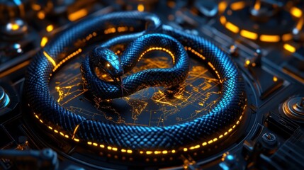 A striking close-up of a blue-black snake coiled on a glowing circuit board, showcasing a blend of nature and technology.
