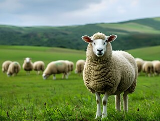 Obraz premium A sheep stands in a lush green field with grazing flock in the background under a cloudy sky