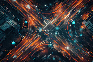 Aerial view of a smart city intersection at night