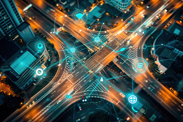 Obraz premium Aerial view of a smart city intersection at night