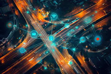 Obraz premium Aerial view of a smart city intersection at night