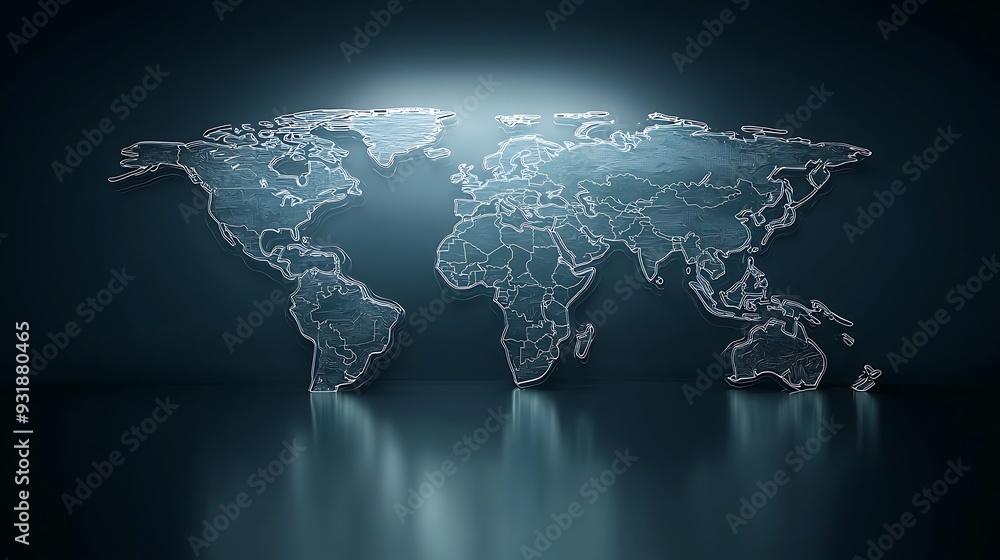 Poster glowing world map outline global connection concept: a glowing outline of a world map, representing 