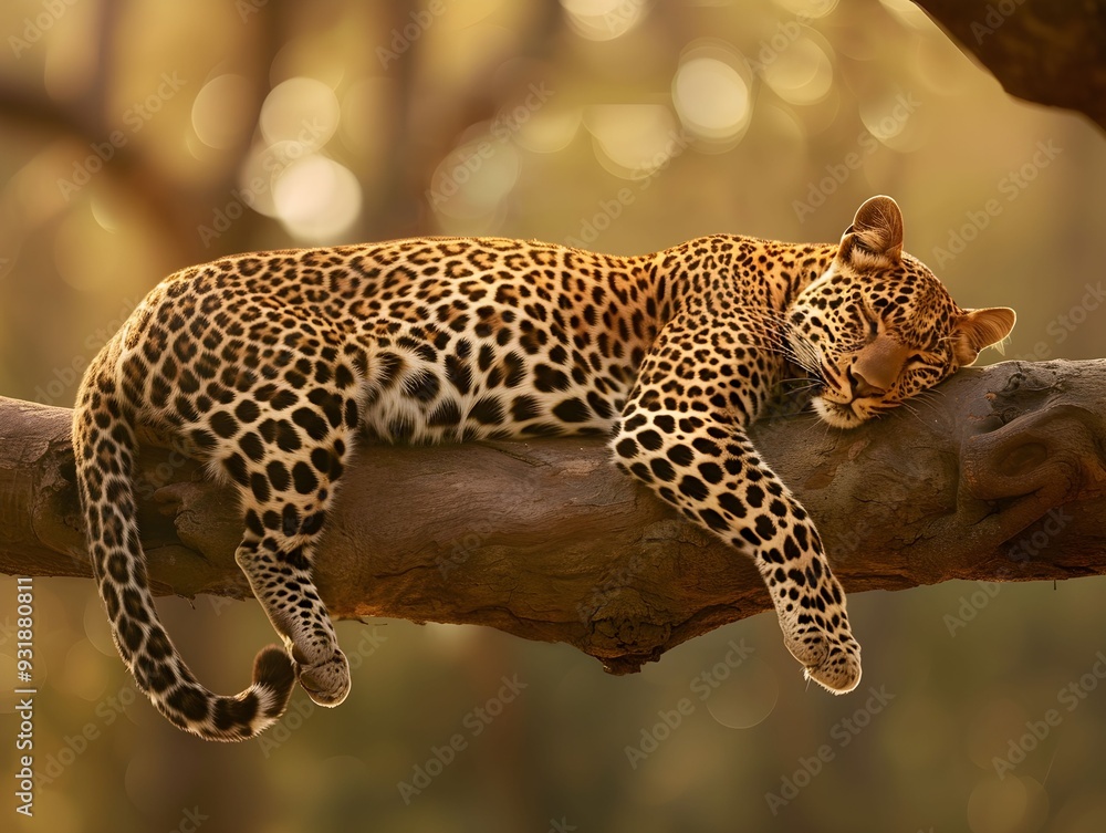 Poster leopard resting peacefully on a tree branch in a sun-drenched forest setting during the afternoon