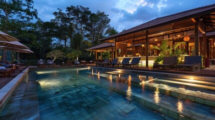 Fototapeta premium Guests unwind beside the tranquil outdoor pool as the sun sets in a serene tropical atmosphere