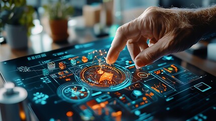 Naklejka premium Hand Interacting with Futuristic Digital Interface on Tablet: Features a hand engaging with a high-tech digital interface on a tablet, illustrating advanced technology and user interaction.