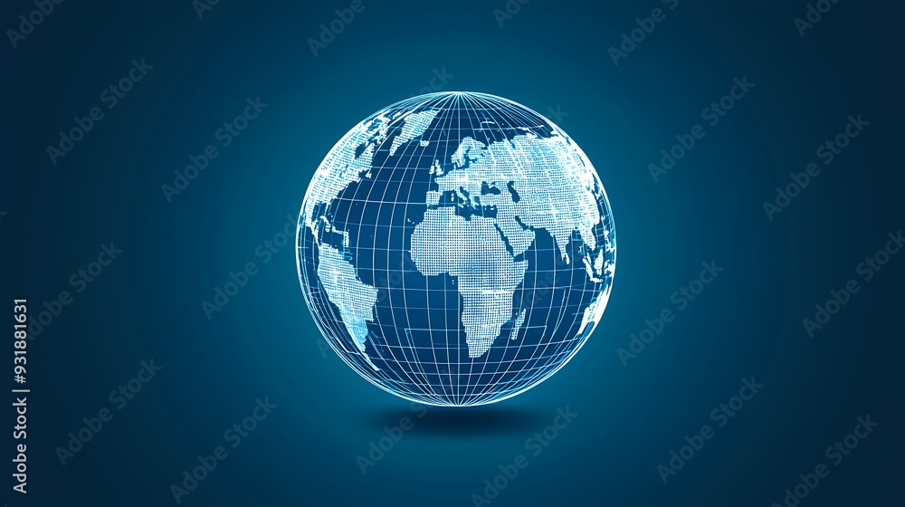 Poster digital globe with white lines and dots on blue background: a digital globe with white lines and dot
