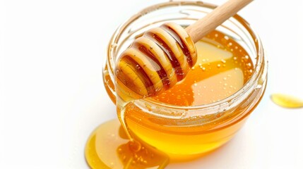 Glass jar full of honey on a white background