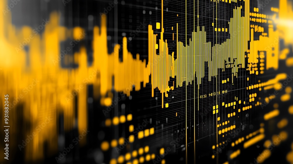 Poster abstract yellow digital data pattern on black background: a digital pattern featuring yellow data el