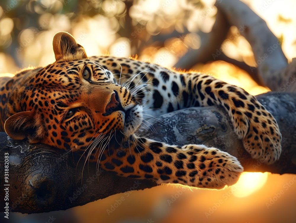 Poster leopard resting on a tree branch during sunset in the wild