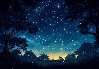 Starry Night Sky Over Forest Canopy
