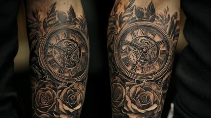 A forearm tattoo of a clock surrounded by roses, with detailed gears and petals intricately shaded