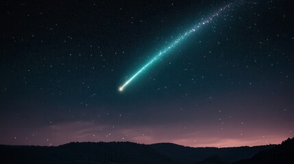 Fototapeta premium Comet Gliding Through the Night, a breathtaking display of a bright comet soaring across a starry sky, its vibrant tail illuminating the darkness with cosmic beauty