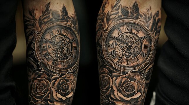 A forearm tattoo of a clock surrounded by roses, with detailed gears and petals intricately shaded