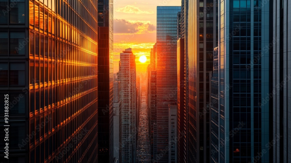 Poster Close-up of the sun setting between skyscrapers, with the building edges creating a natural frame for the warm, colorful sunset and the city skyline.