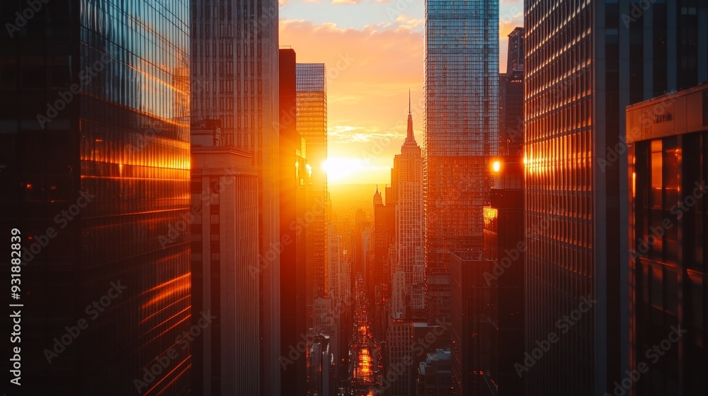 Poster Close-up of the sun setting between skyscrapers, with the building edges creating a natural frame for the warm, colorful sunset and the city skyline.