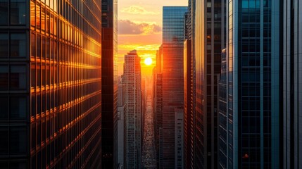 Close-up of the sun setting between skyscrapers, with the building edges creating a natural frame for the warm, colorful sunset and the city skyline.