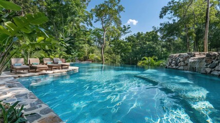 Fototapeta premium A tranquil outdoor pool nestled among vibrant trees invites relaxation and enjoyment under the sun