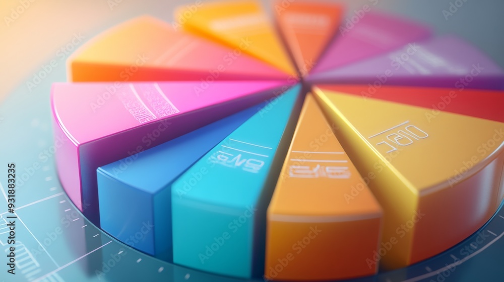 Poster Close-up view of a 3D pie chart with segments highlighted in different shades, showing detailed labels and percentages for clear data representation.