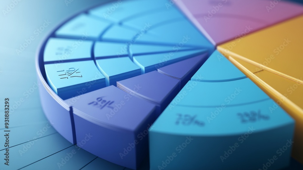 Poster Close-up view of a 3D pie chart with segments highlighted in different shades, showing detailed labels and percentages for clear data representation.