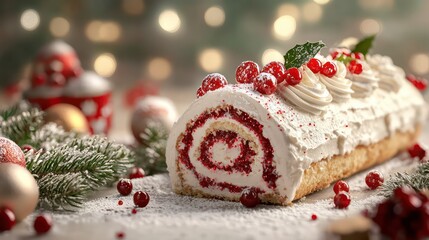 A white cake with red frosting and berries on top. The cake is decorated with a red ribbon and is...