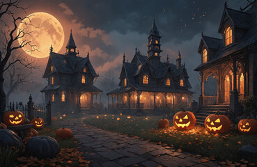 3d halloween render haunted house moon night pumpkin