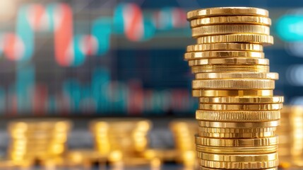 Gold Coins and Financial Chart, a visual representation of investment growth with neatly stacked gold coins and a blurred financial chart, ample space for text integration