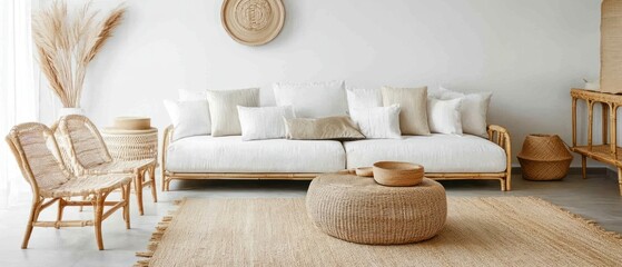 Woven Rattan Furniture and Decor in a Modern Living Room