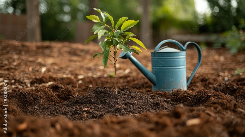 Poster Close-up view of a newly planted tree surrounded by mulch and watering can, illustrating the care and attention given to nurturing the sapling.