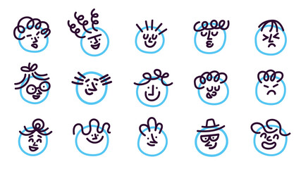Funny happy smiling and sad various faces with different emotions set. Simple flat doodle collection. Hand-drawn abstract colored faces. Positive and negative concept