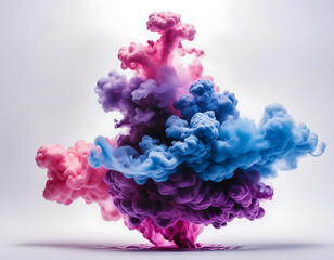 Abstract smoke on white background with copy space. Fancy dream cloud of ink underwater. Purple, blue and pink colors,