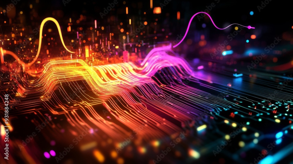 Poster colorful electric waves spreading across a circuit board, illustrating the power and complexity of e
