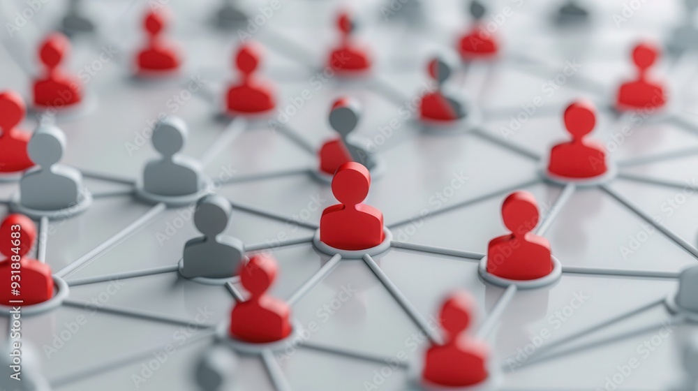 Wall mural red and gray avatars intertwining on a white backdrop, illustrating connections in an abstract socia