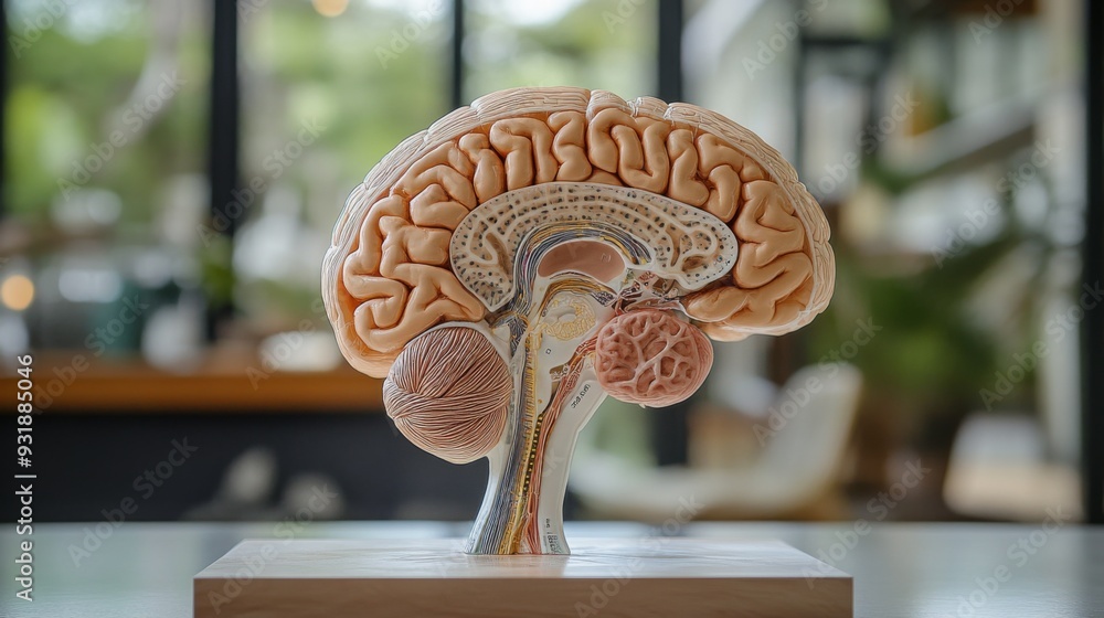 Poster Detailed image of a human brain model with clear anatomical labeling, showcasing the various regions and their functions.