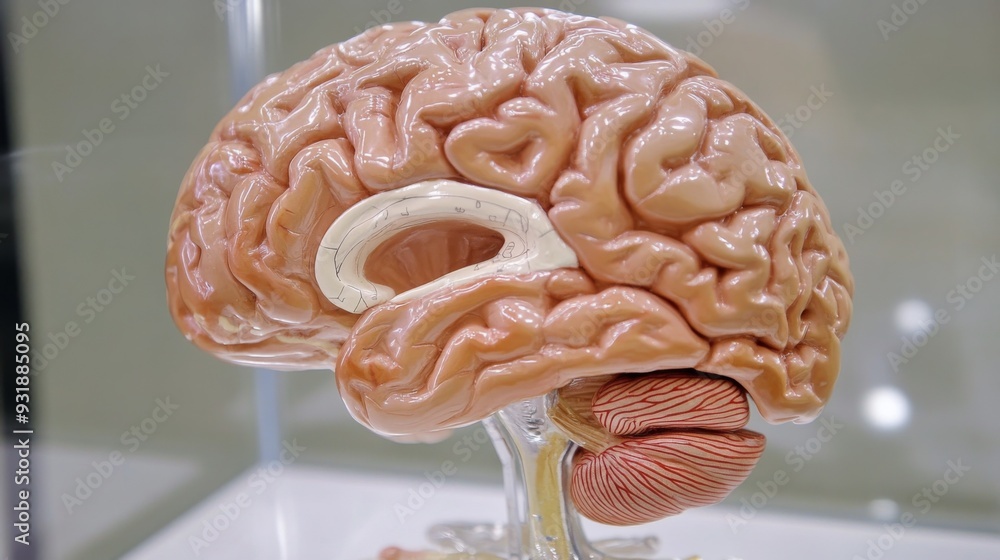 Poster Detailed image of a human brain model with clear anatomical labeling, showcasing the various regions and their functions.
