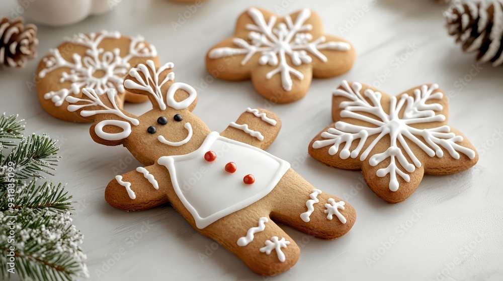 Wall mural A gingerbread man with a white shirt and red nose is smiling. There are also two snowflakes on the table