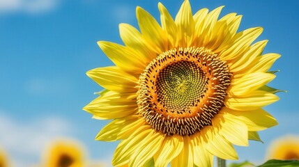 Obraz premium Vivid Sunflower Bloom Against a Clear Sky, a striking close-up showcasing the vibrant colors of summer, perfect for adding your personalized message.