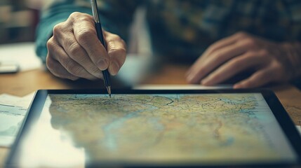 A close-up of a geographer's hands tracing a route on a digital tablet, showcasing attention to detail, set on a light solid color background