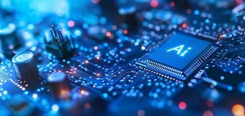 AI Chip Closeup of a Circuit Board with AI Glowing on a Microchip Abstract Blue and Red Lights Blurred Background