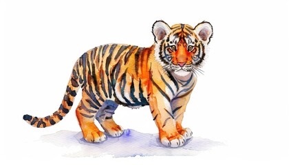 Naklejka premium Playful Tiger Cub Illustration, vibrant watercolor art featuring a cheerful tiger cub with bright orange and black stripes, ideal for nursery decor with ample text space.