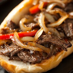 Close-up of a delicious Philly cheesesteak sandwich with melted cheese, peppers, and onions.