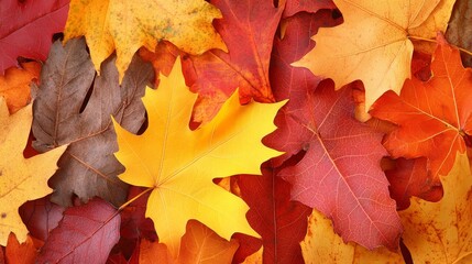 Obraz premium Autumnal Tapestry A vibrant closeup of overlapping fall leaves in red yellow and brown hues showcasing the intricate vein patterns and textural details