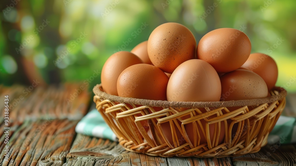 Sticker Basket of Eggs on Wooden Table