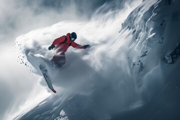 Dynamic Snowboarder Carving Through Powdery Snow in a Majestic Mountain Landscape