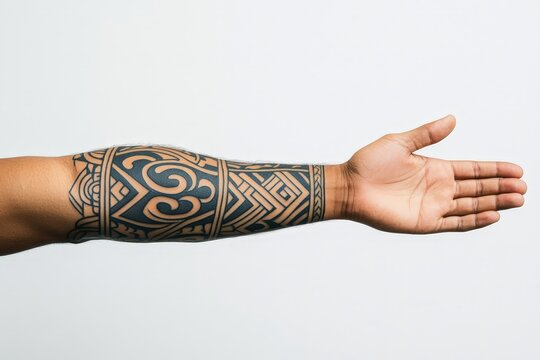 Arm with tribal tattoo on white background