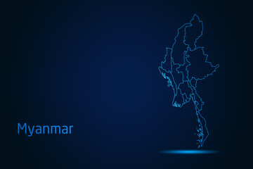 Abstract High Detailed Glow Blue Map on Dark Background of Map of Myanmar symbol for your web site design map logo, app, Travel. Vector illustration eps 10.	
