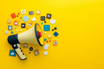 A colorful megaphone surrounded by various social media icons on a yellow background during a creative marketing concept session