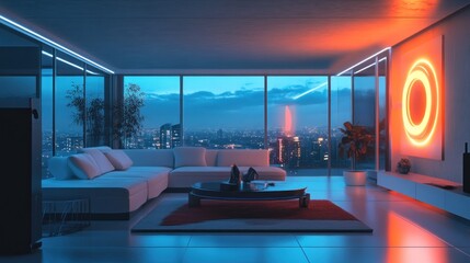 Fototapeta premium Modern Living Room with City View and Neon Lights