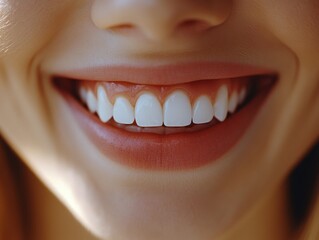 Fototapeta premium Closeup Perspective of a Smiling Mouth with Perfect White Teeth Emphasizing the Beauty of a Radiant Smile