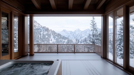 A large open space with a pool and a view of mountains. The pool is surrounded by a wooden deck and the view of the mountains is breathtaking