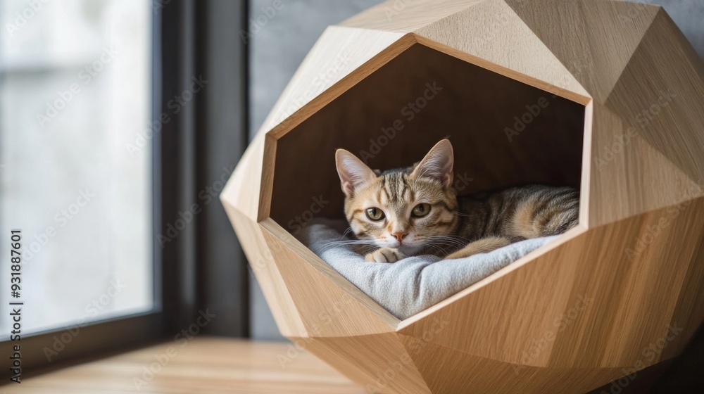 Aufkleber Detailed shot of a cat house with a unique geometric design, featuring a sleek entrance and soft bedding inside, captured up close.